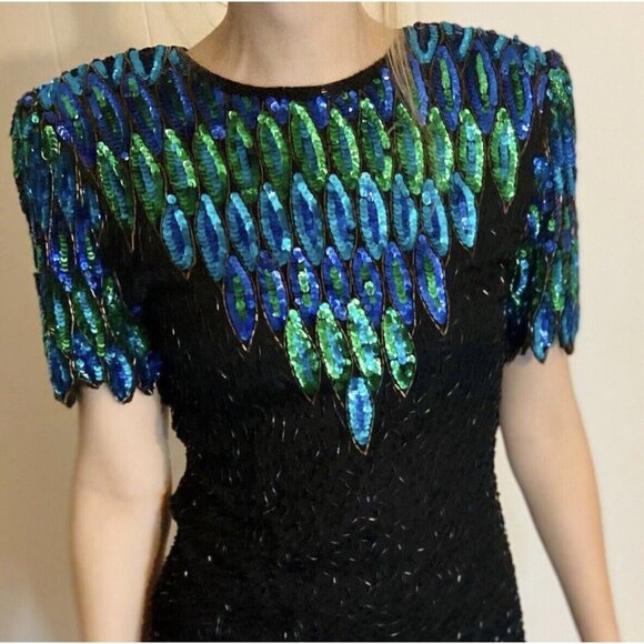 Vintage Sequin Peacock Feather Top Black Silk Blouse By STenay Heavily Beaded - Picture 1 of 12